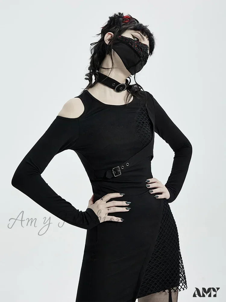 Handsome Hollow Shoulder Fashion Cool Button Removable Collar Black Sexy Short Gothic Dress