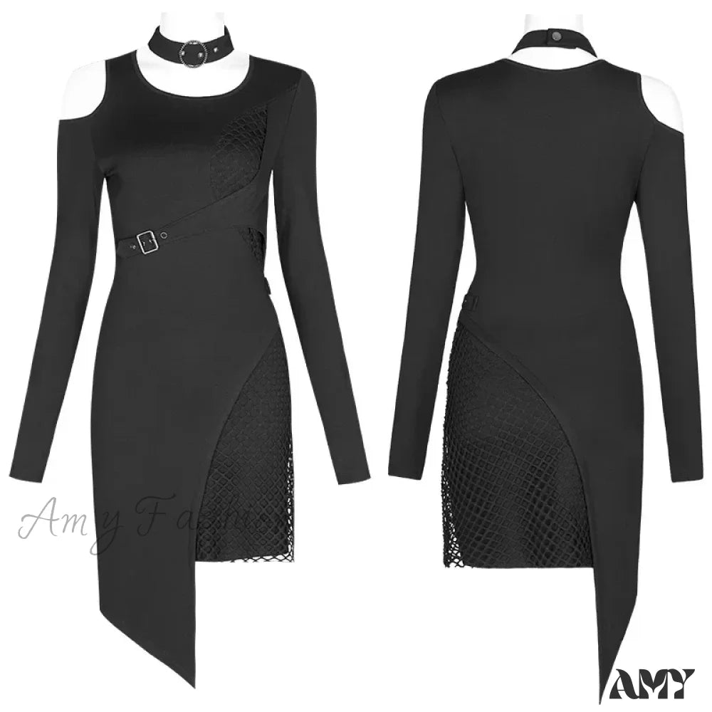 Handsome Hollow Shoulder Fashion Cool Button Removable Collar Black Sexy Short Gothic Dress