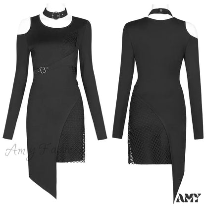 Handsome Hollow Shoulder Fashion Cool Button Removable Collar Black Sexy Short Gothic Dress