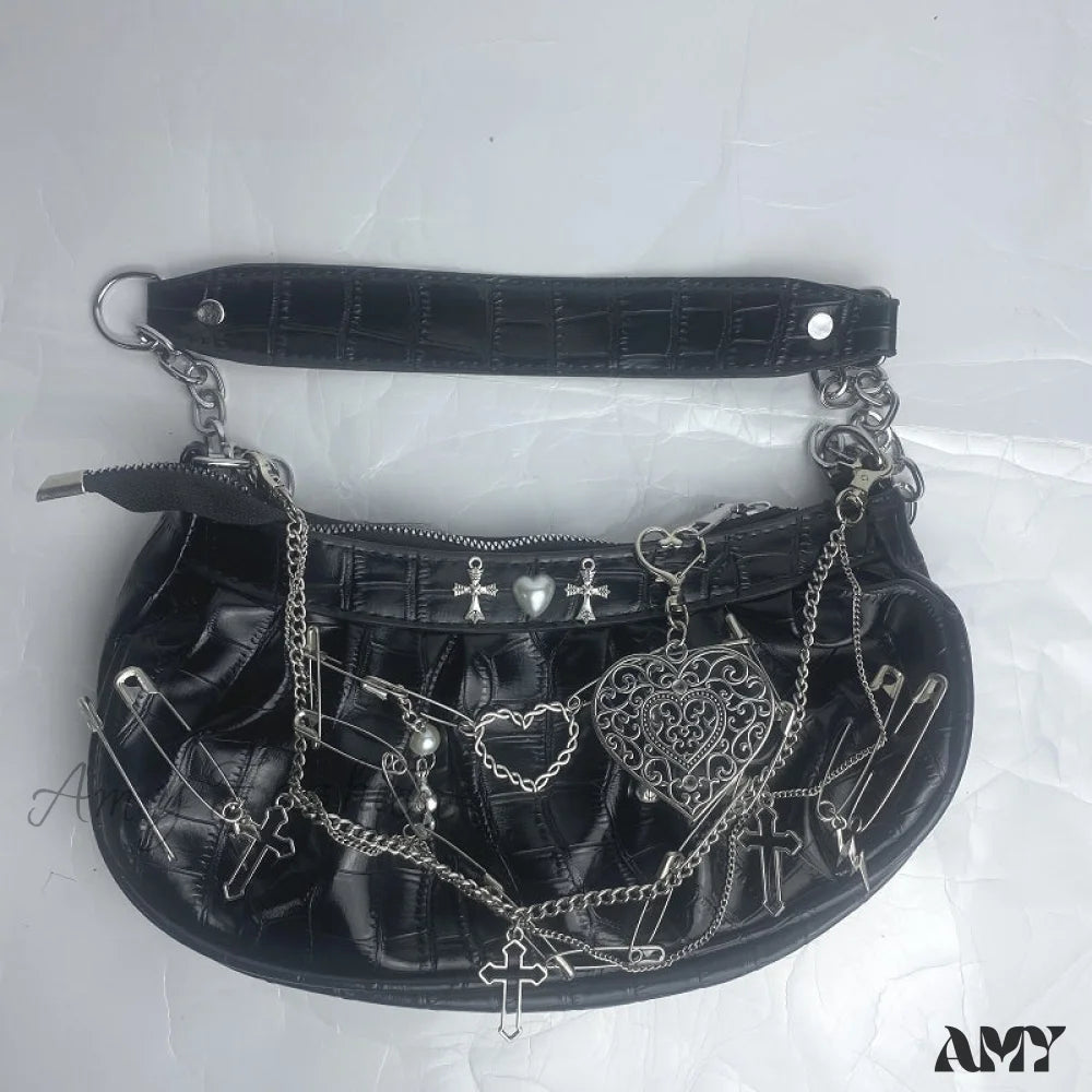 Harajuku Bag Hip Crossbody Shoulder Hop Metal Tote Gothic Punk Rock Y2K Underarm Black 1