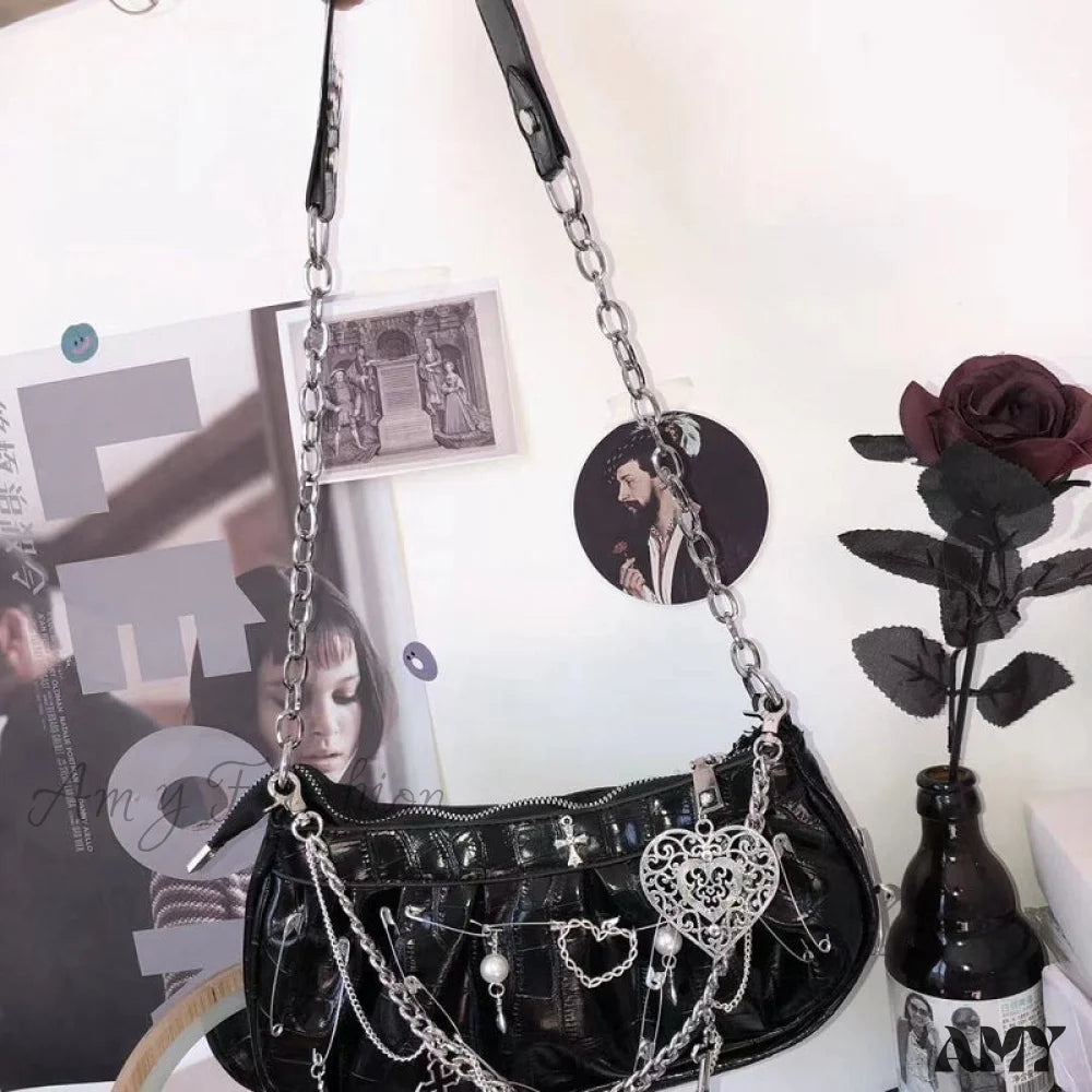 Harajuku Bag Hip Crossbody Shoulder Hop Metal Tote Gothic Punk Rock Y2K Underarm Black 2