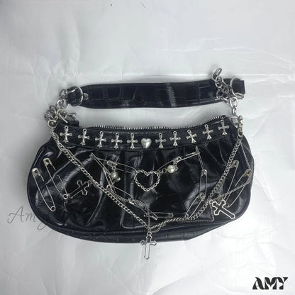 Harajuku Bag Hip Crossbody Shoulder Hop Metal Tote Gothic Punk Rock Y2K Underarm Black 4