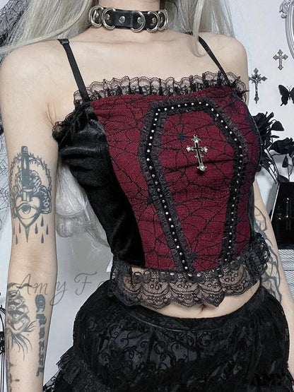 Harajuku Spider Gothic Lace Crop Web Camisole Top