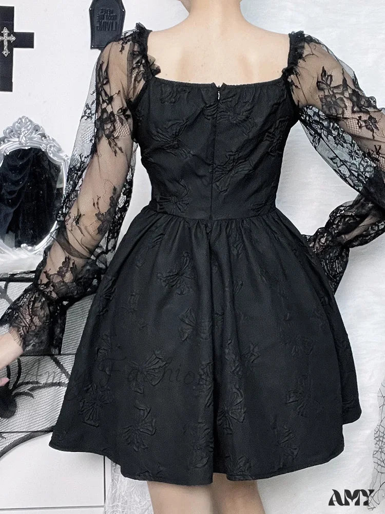 Harajuku Waist Vintage Sexy Party Dark High Dress A-Line Gothic Jacquard Lace Lolita Sleeve Grunge