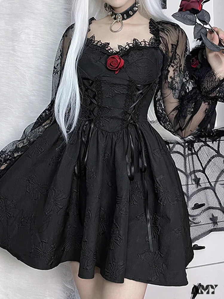 Harajuku Waist Vintage Sexy Party Dark High Dress A-Line Gothic Jacquard Lace Lolita Sleeve Grunge