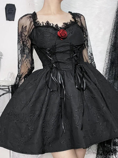 Harajuku Waist Vintage Sexy Party Dark High Dress A-Line Gothic Jacquard Lace Lolita Sleeve Grunge