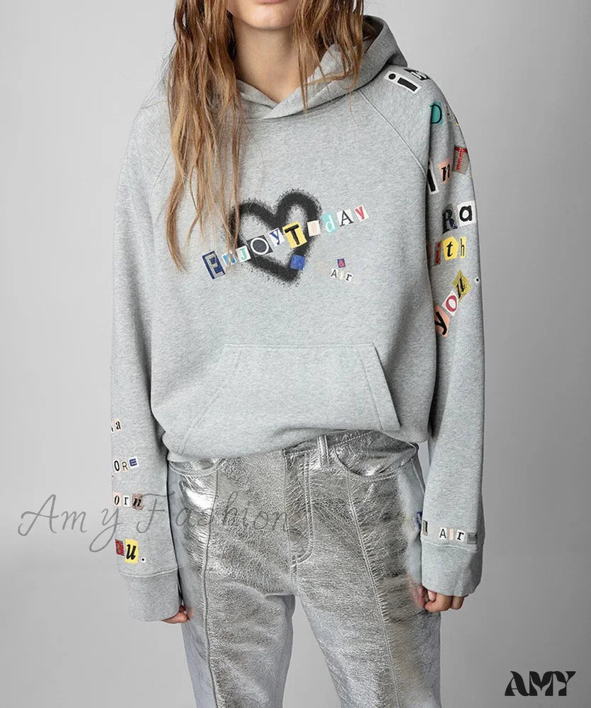 Heart Diamond Embroidered Cozy Comfortable Colorful Soft Hoodies Gray / Xs