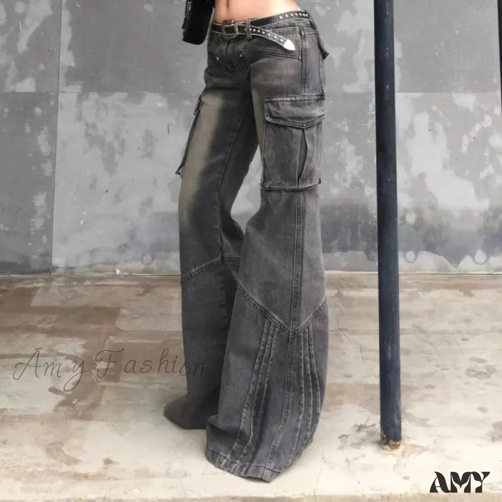 Heavy Industry Retro Washed Low Waist Straight Leg Versatile Spicy Girl Y2K Big Pocket Jean Gray / M