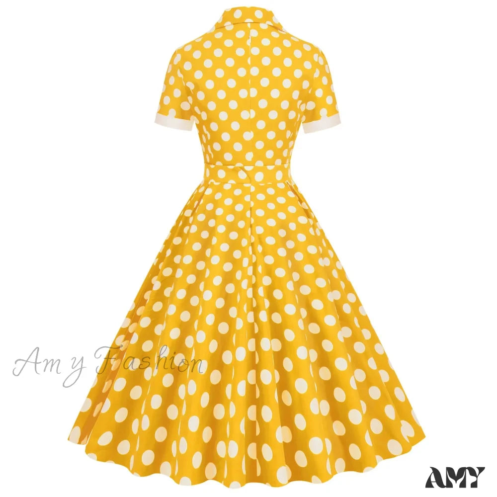 Hepburn Retro Flare Polka Dot Vintage Swing Robe Short Sleeve A Line Sun With Bow Birthday Elegant