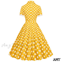 Hepburn Retro Flare Polka Dot Vintage Swing Robe Short Sleeve A Line Sun With Bow Birthday Elegant