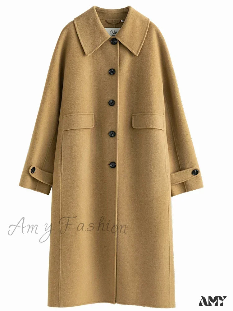 Hepburn Style Polo Collar Long Woolen Autumn Winter Office Lady Single-Breasted Full Wool Coat