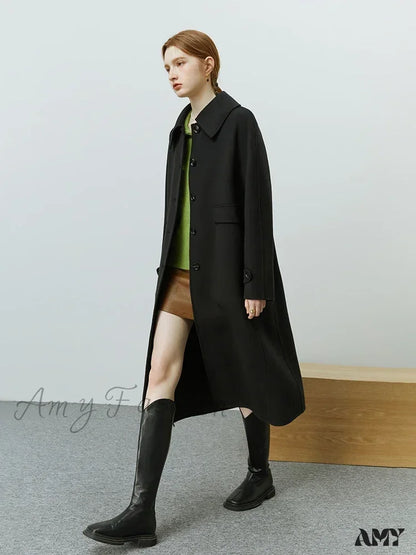 Hepburn Style Polo Collar Long Woolen Autumn Winter Office Lady Single-Breasted Full Wool Coat