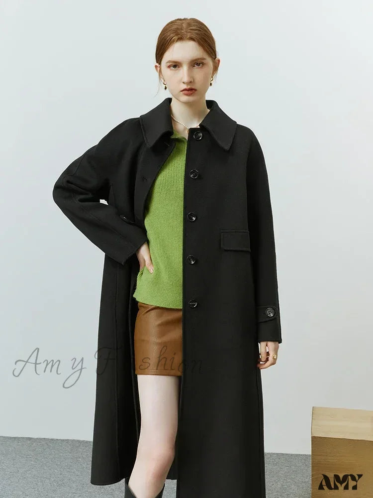 Hepburn Style Polo Collar Long Woolen Autumn Winter Office Lady Single-Breasted Full Wool Coat