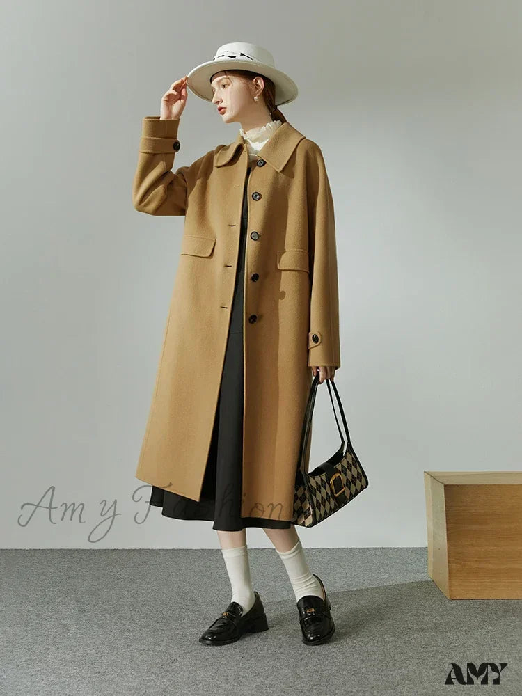 Hepburn Style Polo Collar Long Woolen Autumn Winter Office Lady Single-Breasted Full Wool Coat