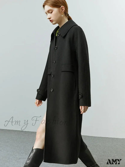 Hepburn Style Polo Collar Long Woolen Autumn Winter Office Lady Single-Breasted Full Wool Coat