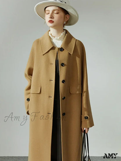 Hepburn Style Polo Collar Long Woolen Autumn Winter Office Lady Single-Breasted Full Wool Coat