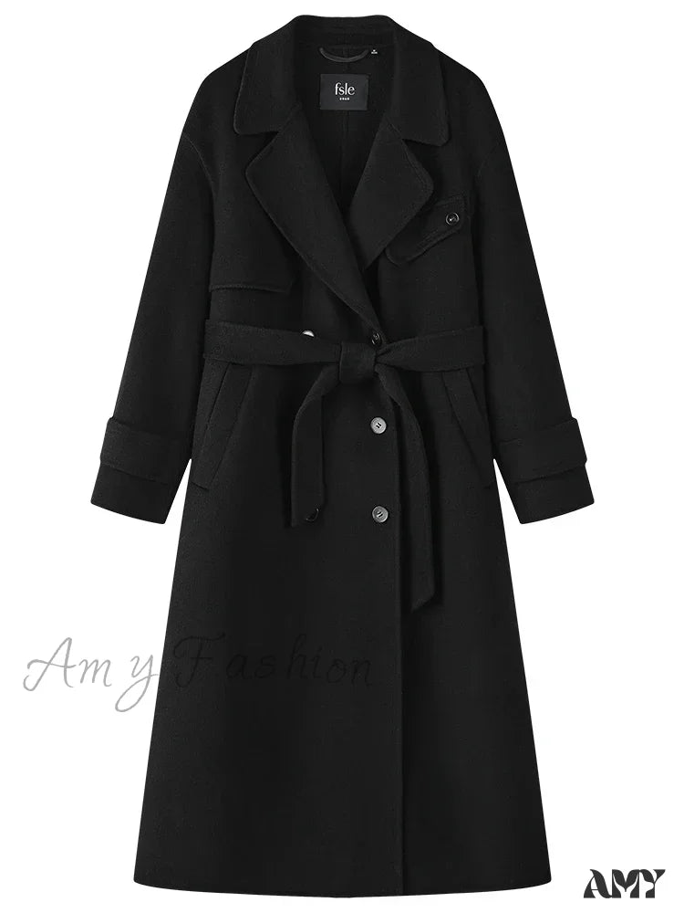 Hepburn Style Pure Woolen Autumn Winter Temperament Office Lady Double-Sided Mid-Length Coat