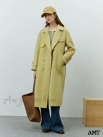 Hepburn Style Pure Woolen Autumn Winter Temperament Office Lady Double-Sided Mid-Length Coat