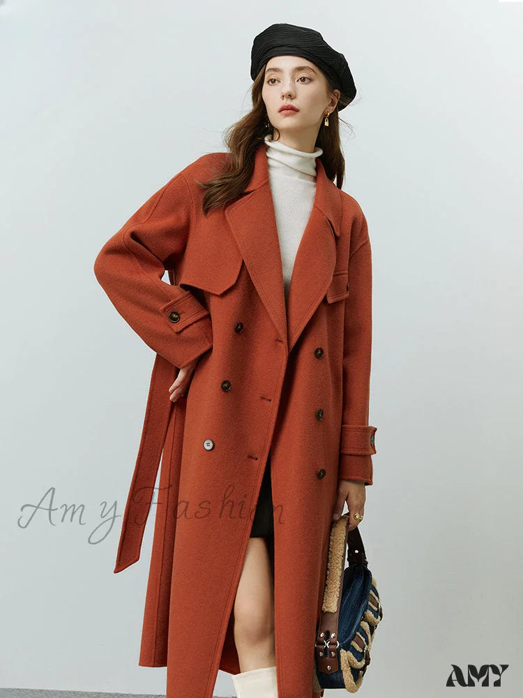 Hepburn Style Pure Woolen Autumn Winter Temperament Office Lady Double-Sided Mid-Length Coat