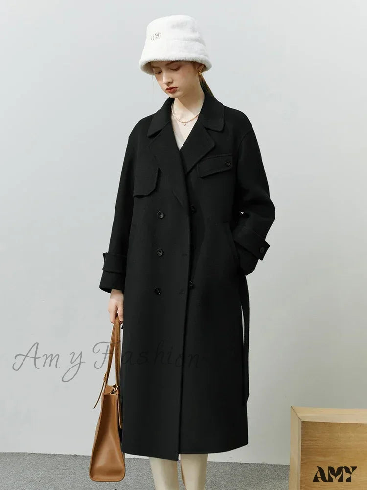 Hepburn Style Pure Woolen Autumn Winter Temperament Office Lady Double-Sided Mid-Length Coat Black