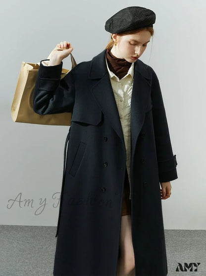 Hepburn Style Pure Woolen Autumn Winter Temperament Office Lady Double-Sided Mid-Length Coat Navy