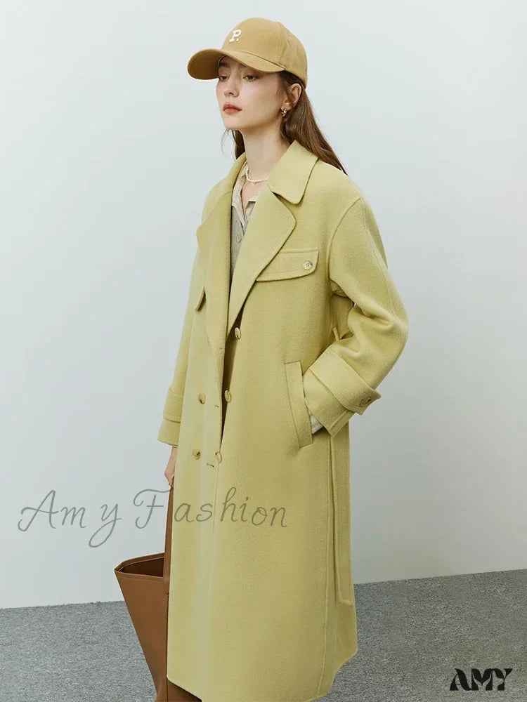 Hepburn Style Pure Woolen Autumn Winter Temperament Office Lady Double-Sided Mid-Length Coat Yellow