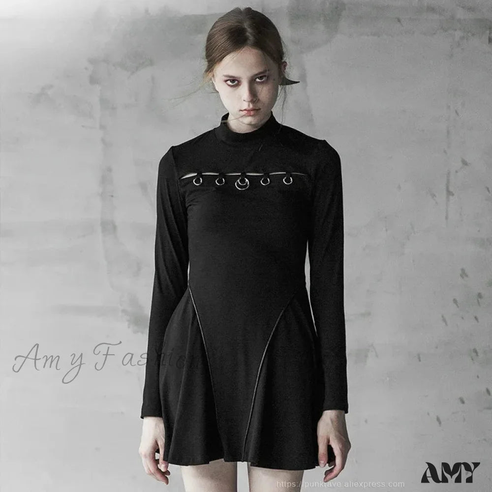 High Collar Skinny Iron Circle Decorative Rope Hem Sexy Punk Personality Gothic Dress Black / Xl-2Xl