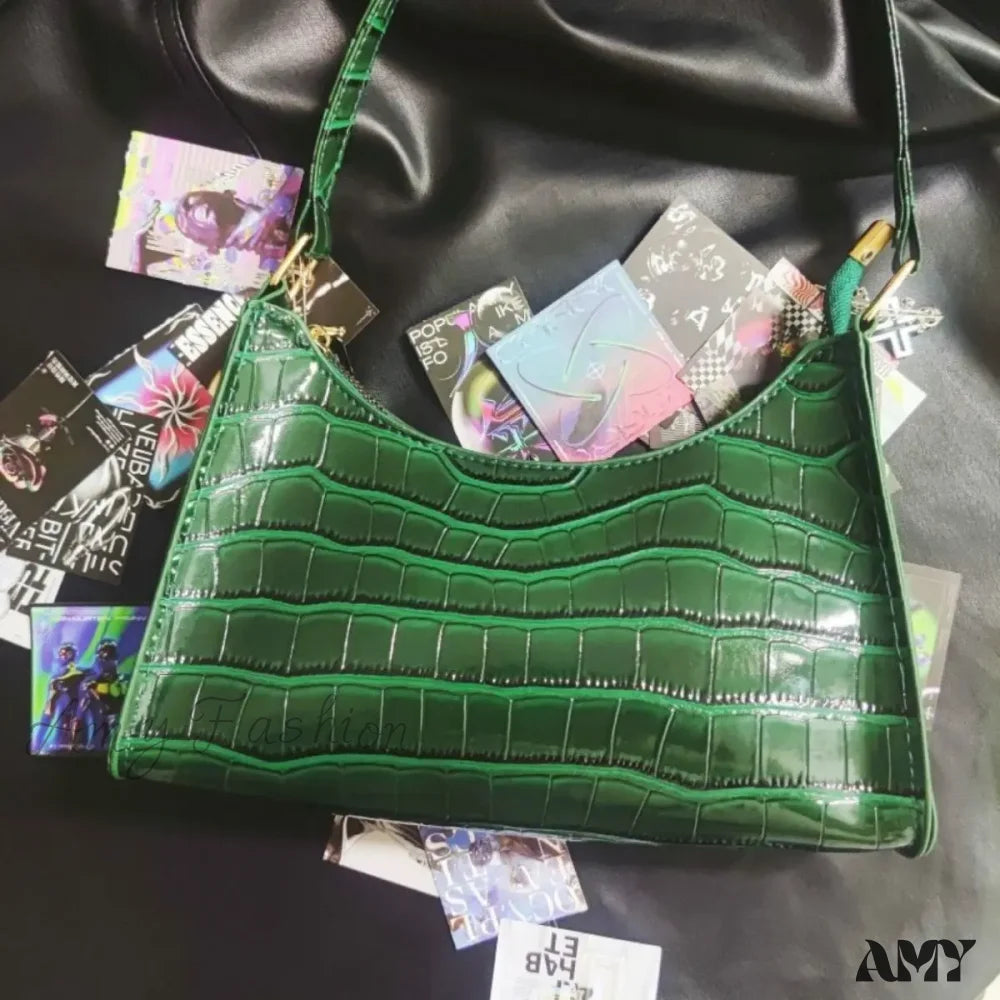 High Green Gothic Pattern Street Underarm Y2K Crocodile Cross Bag Chains Punk