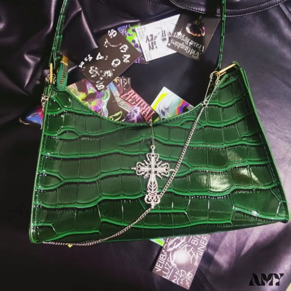 High Green Gothic Pattern Street Underarm Y2K Crocodile Cross Bag Chains Punk