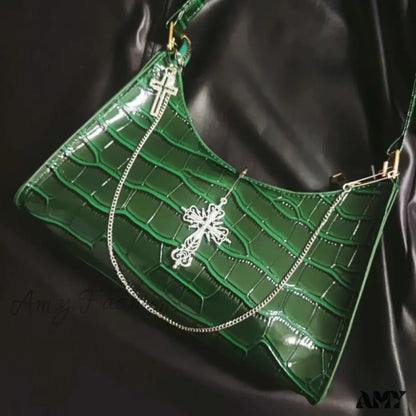 High Green Gothic Pattern Street Underarm Y2K Crocodile Cross Bag Chains Punk