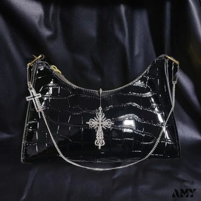 High Green Gothic Pattern Street Underarm Y2K Crocodile Cross Bag Chains Punk Black