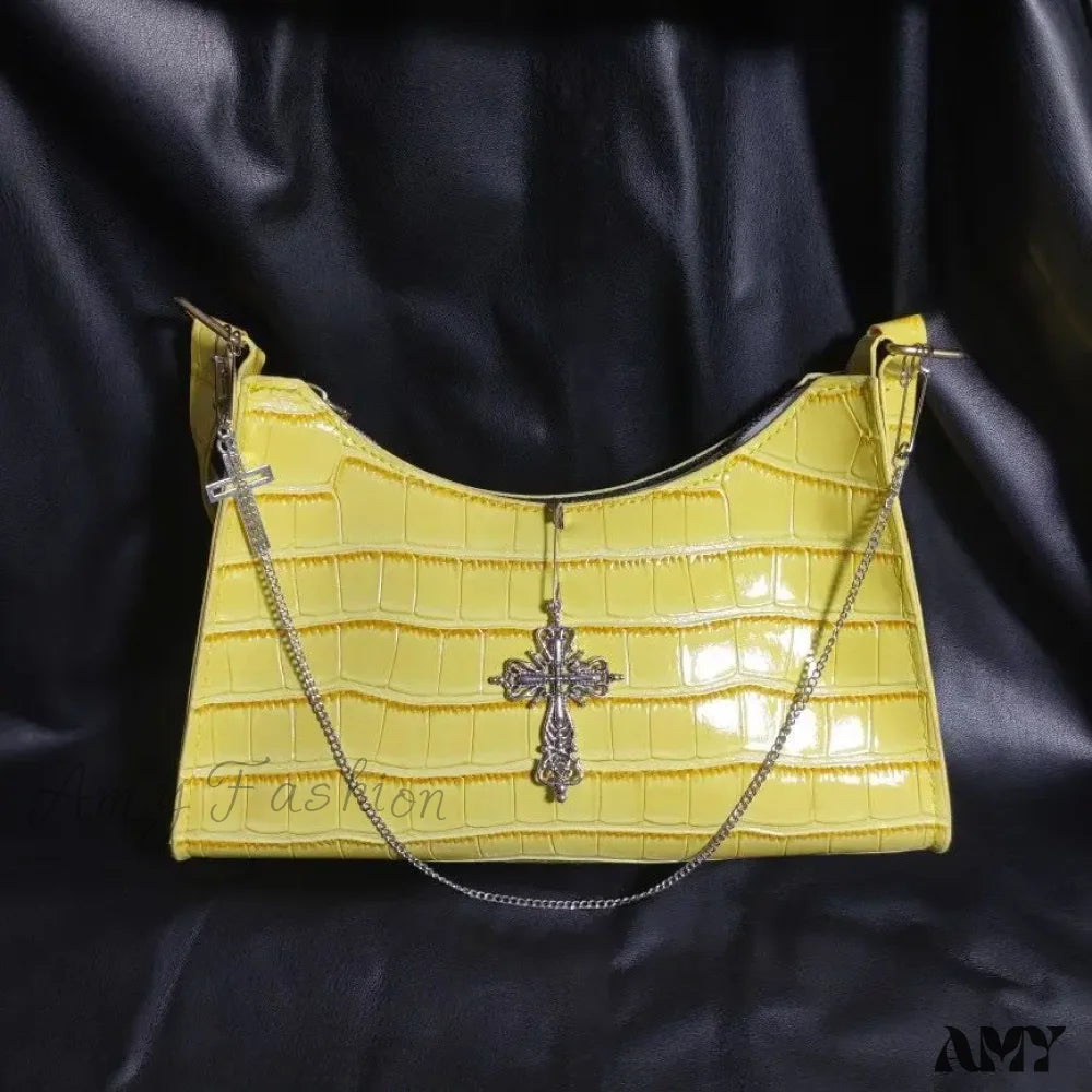 High Green Gothic Pattern Street Underarm Y2K Crocodile Cross Bag Chains Punk Yellow