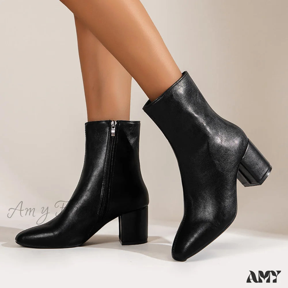 High Heel Short Boots Mid Tube Side Zipper Plus Size 2024 Autumn New Fashion Chunky Small Square