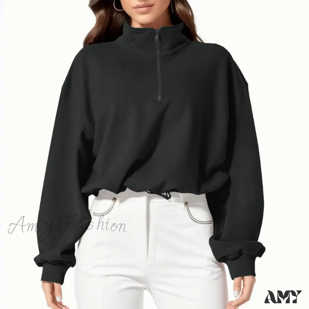 High Neck Long Sleeve Solid Color Athletic Comfortable Trendy Chic Hoodies Black / S