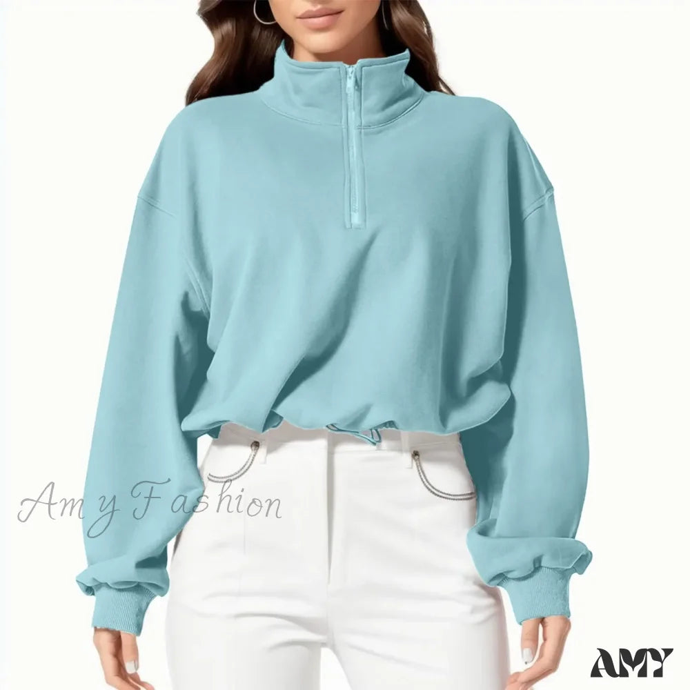 High Neck Long Sleeve Solid Color Athletic Comfortable Trendy Chic Hoodies Blue / S