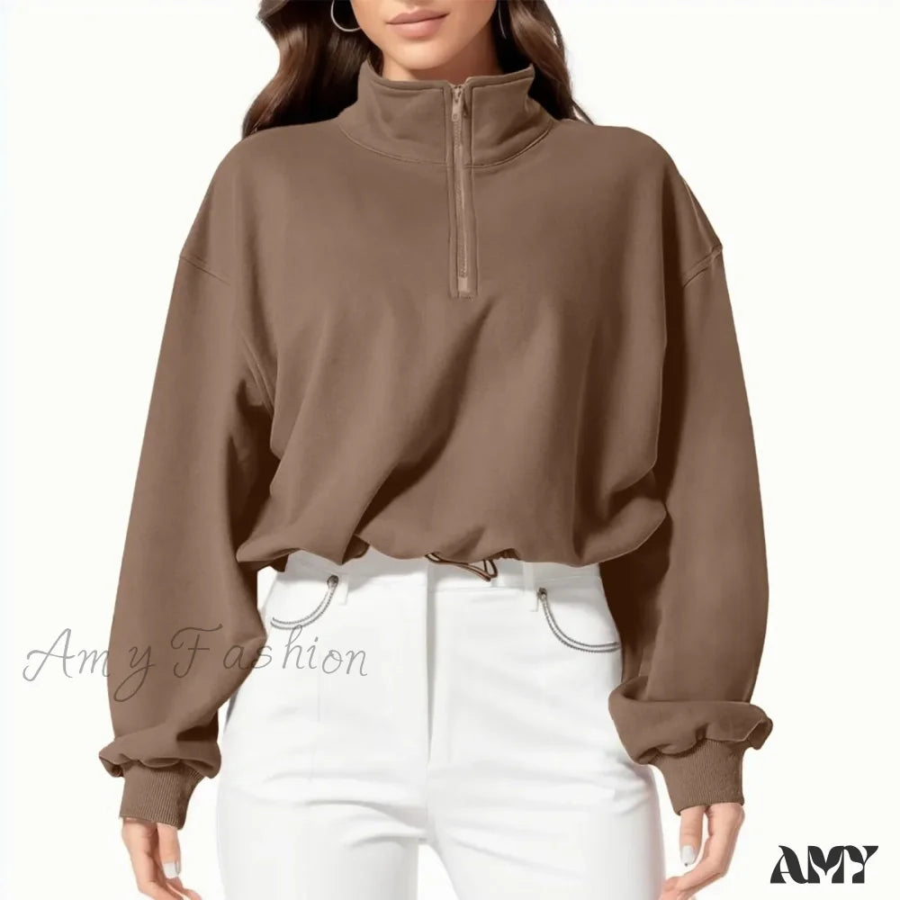 High Neck Long Sleeve Solid Color Athletic Comfortable Trendy Chic Hoodies Coffee / S