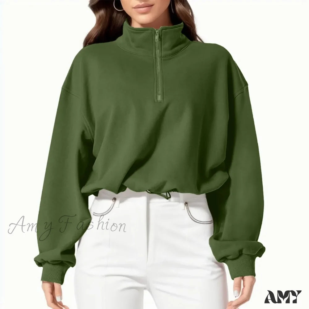 High Neck Long Sleeve Solid Color Athletic Comfortable Trendy Chic Hoodies Green / S