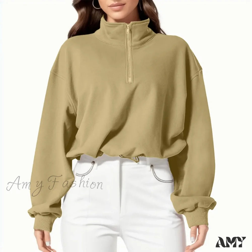 High Neck Long Sleeve Solid Color Athletic Comfortable Trendy Chic Hoodies Khaki / S