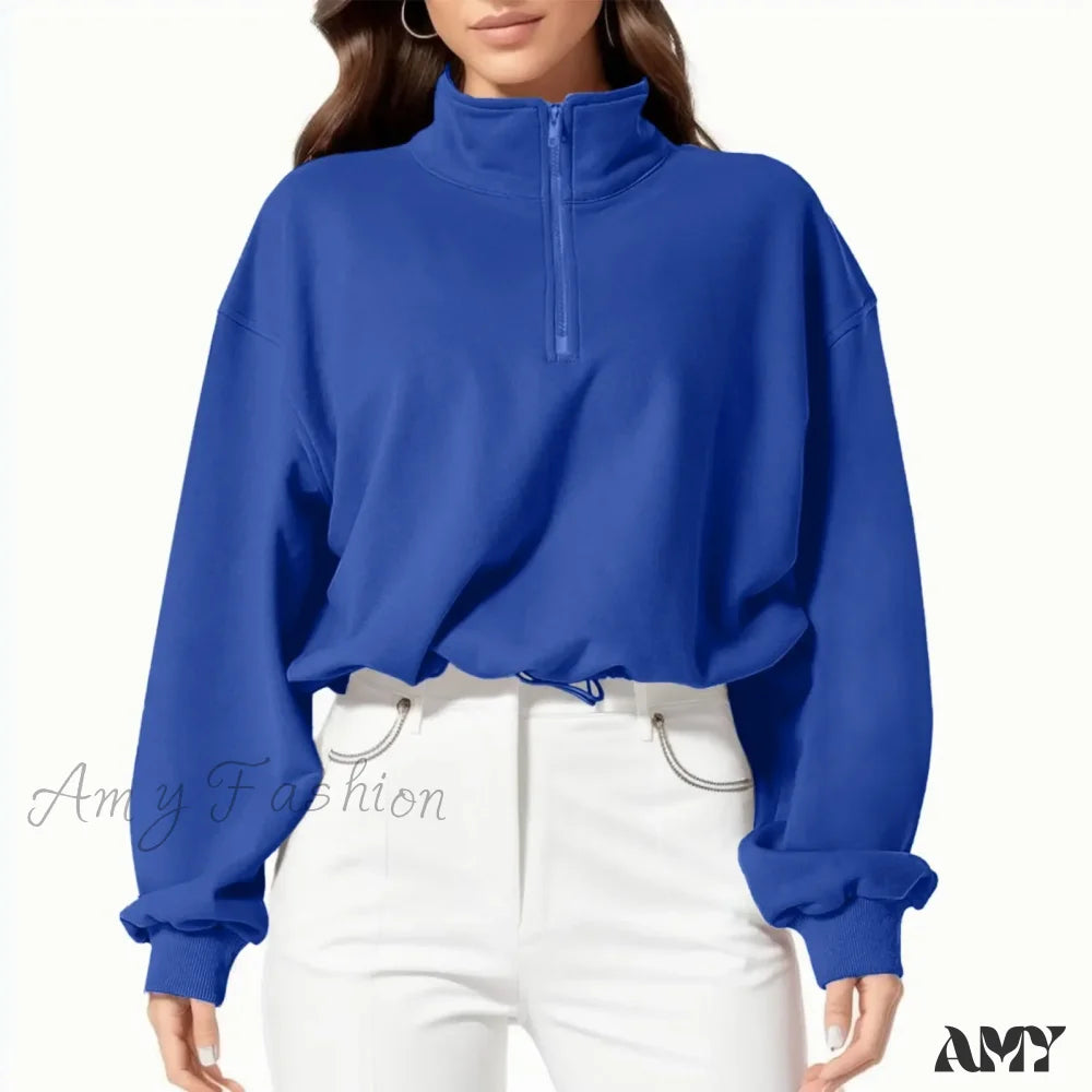 High Neck Long Sleeve Solid Color Athletic Comfortable Trendy Chic Hoodies Sky Blue / S