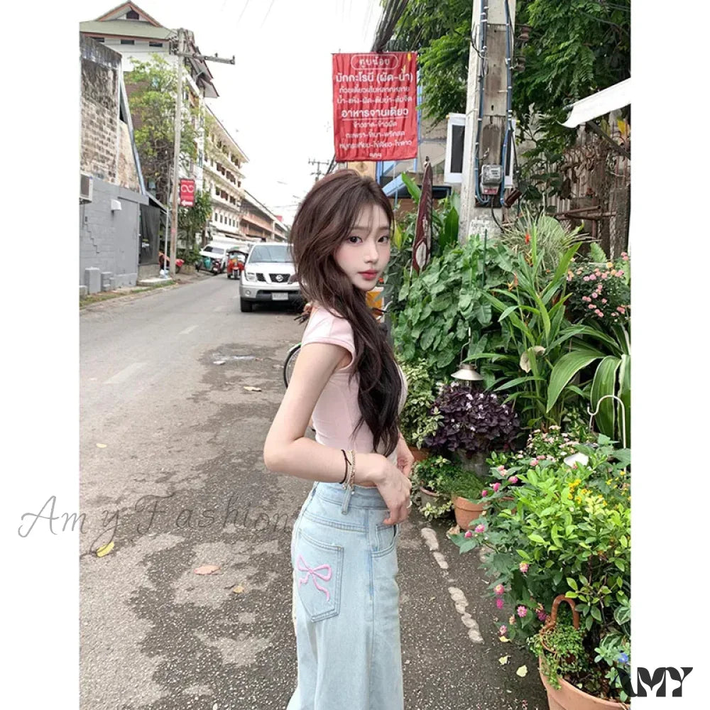 High Quality Waist American Wide Leg Vintage Y2K Bow Embroidery Straight Summer Jean