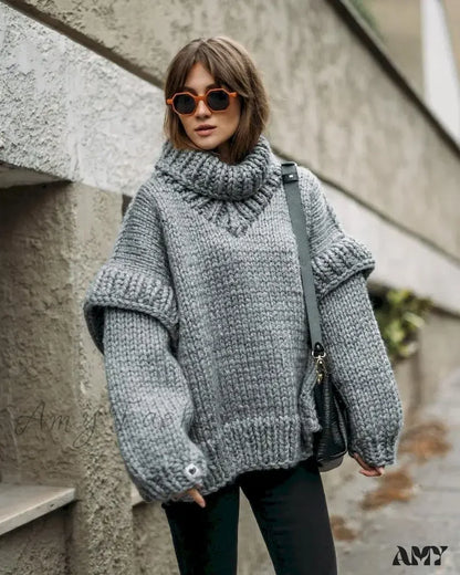 High Street Fashion Women 2024 Autumn Elegant Solid Flying Sleeve Loose Winter Warm Sweater Gray / S