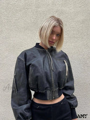 High Street Pu Leather Cropped Fashion Short Bomber Long Sleeve Zip Closure Jacket