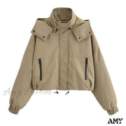 High Street Solid Turtleneck Hooded Long Sleeves Pocket Buttons Zipper Winter Short Coat Army Green