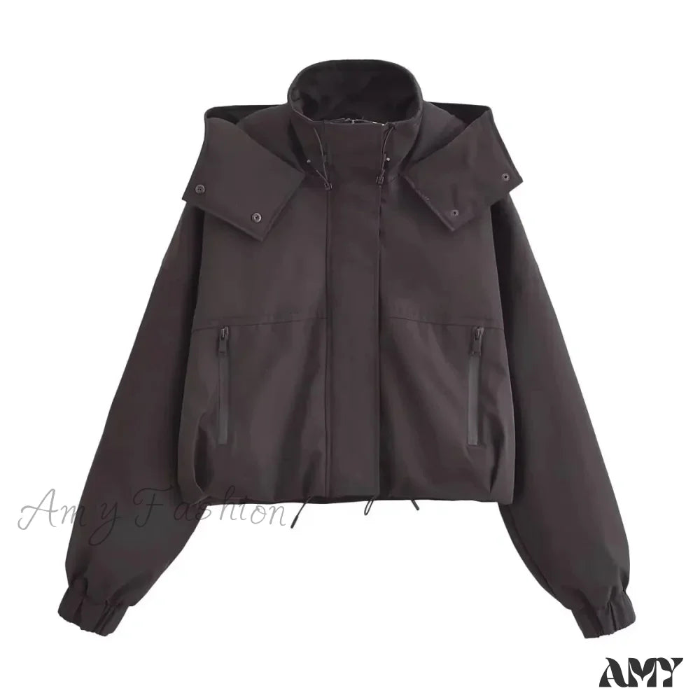 High Street Solid Turtleneck Hooded Long Sleeves Pocket Buttons Zipper Winter Short Coat Black / Xs