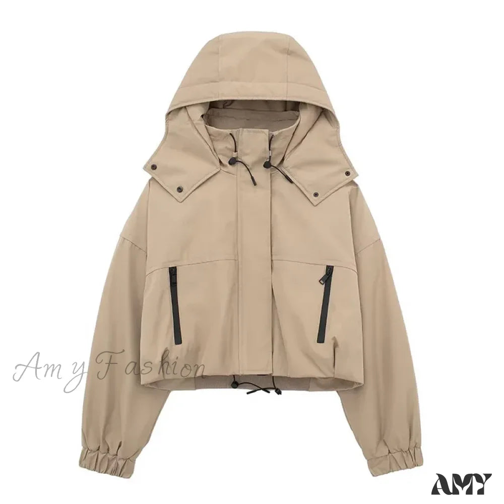 High Street Solid Turtleneck Hooded Long Sleeves Pocket Buttons Zipper Winter Short Coat Khaki / Xs