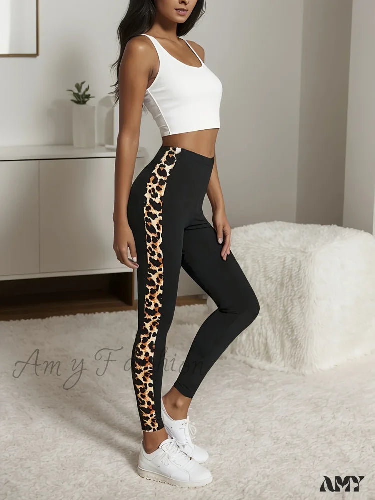 High Waist Leopard Print Side Panel Stretchy Sports Fitness Workout Tights Leggings Black / S