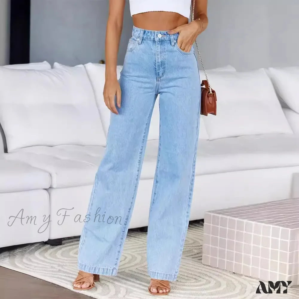 High Waist Loose Fit Wide Leg Button Basics Solid Color Denim Casual Pockets Jean