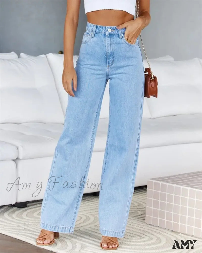 High Waist Loose Fit Wide Leg Button Basics Solid Color Denim Casual Pockets Jean Blue / S