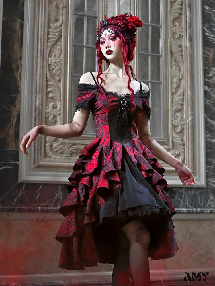 High-Waist Party Style Court Dark Gothic Off-Shoulder Wave Japanese Black Dress Lolita Red Autumn