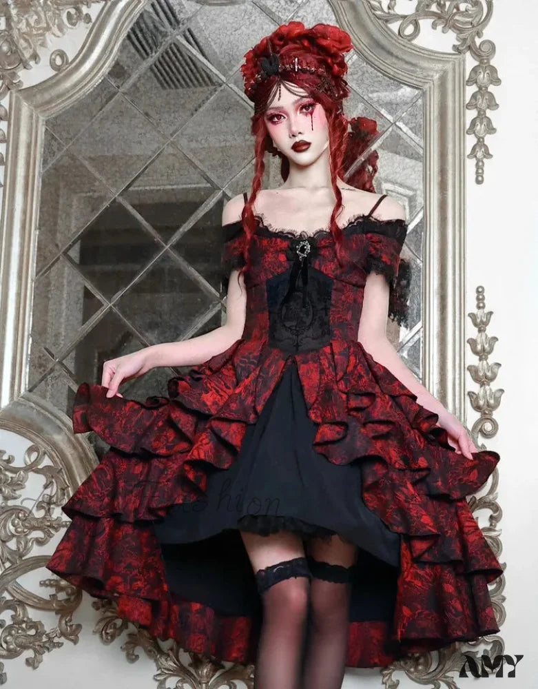 High-Waist Party Style Court Dark Gothic Off-Shoulder Wave Japanese Black Dress Lolita Red Autumn